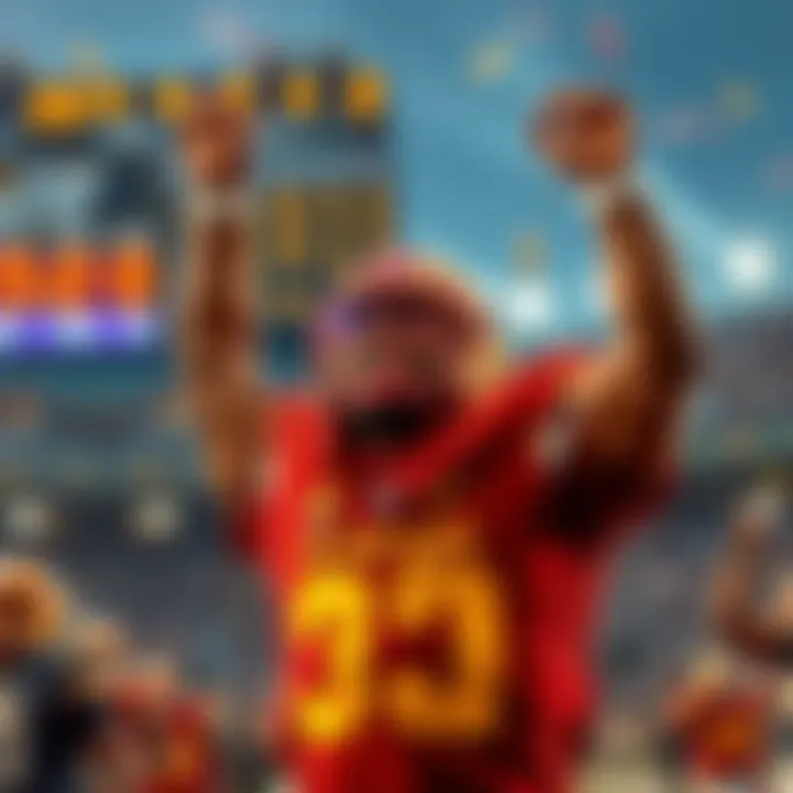 Winston Celebrating Victory Winston celebrating his 52โ0 record victory with a scoreboard in the background.