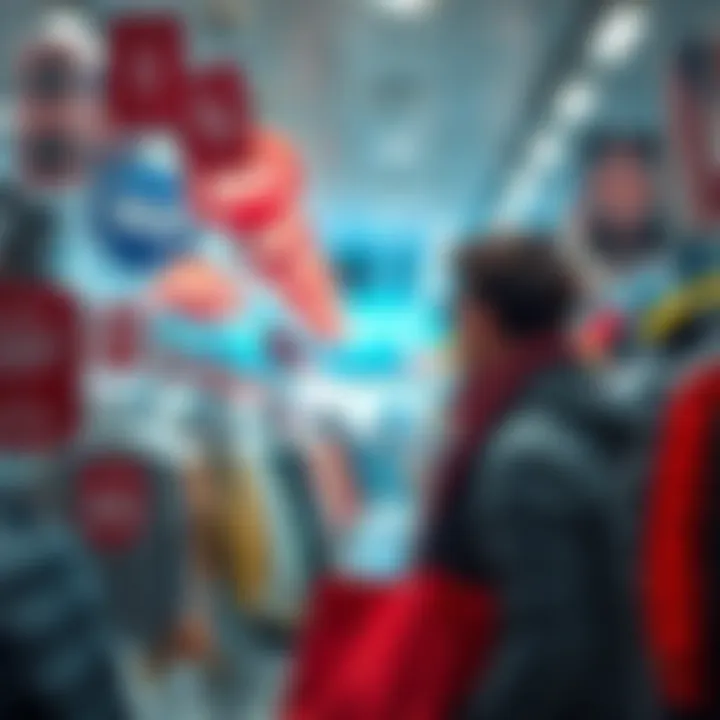 A person looking at winter sale items in a store, surrounded by colorful discounts and clothing racks.