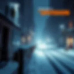 A snowy city street in Tom Clancy's The Division with Christmas decorations and glowing lights
