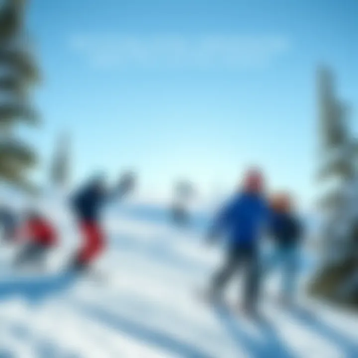 A group of friends skateboarding and snowboarding on a snowy hill, surrounded by trees and a clear blue sky