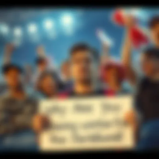 A fan holding a sign showing support for Winton, looking sad. In the background, others cheer for Pasta Twink. The scene captures the tension between loyalty and choices.