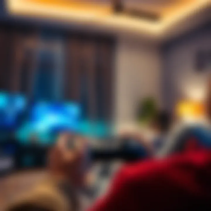 A wireless Dual Sense Controller being used in a living room setting, with a person sitting on the couch playing a game.