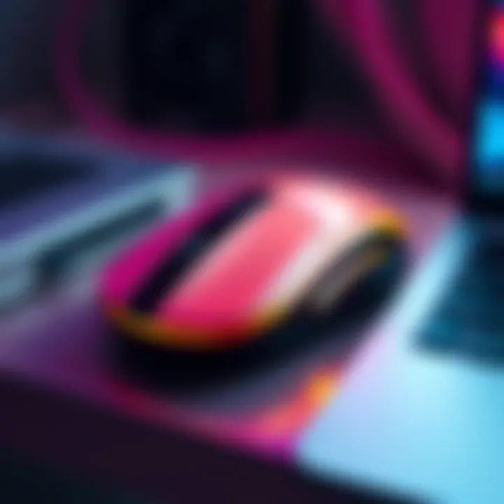 A wireless mouse featuring a flickable switch designed for music control, displayed on a desk next to a laptop.