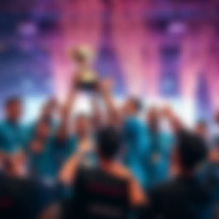 Wirtual team celebrates their win over Deep Slip with a trophy at a competition event.