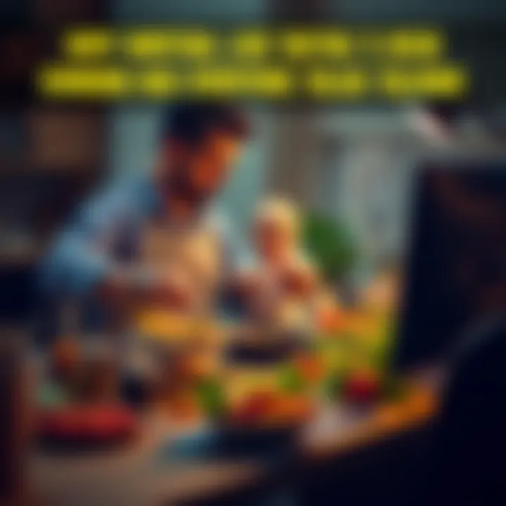 Wirtual cooking at his desk with a baby in his arms and a surprised expression