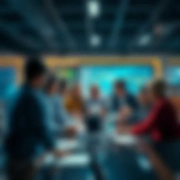 A diverse team of professionals brainstorming in a modern office setting to discuss Wirtual's upcoming challenge.