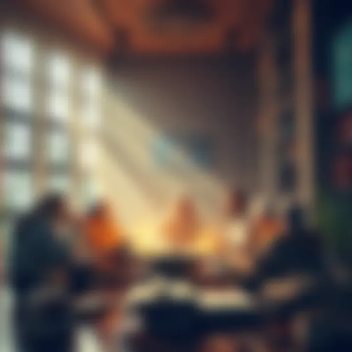 A group of people discussing ancient wisdom in a modern setting, surrounded by books and symbols of knowledge.