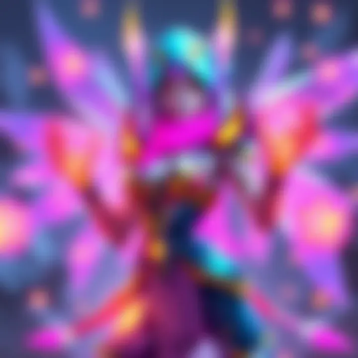 A depiction of Wisp Prime, showcasing her ethereal design and bright colors, set against a background of a game environment. She is surrounded by glowing elements representing Nitain extract, highlighting its importance in the game.