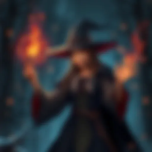 A female witch with a pointed hat and wand, casting a spell amidst mystical symbols and a dark forest backdrop.