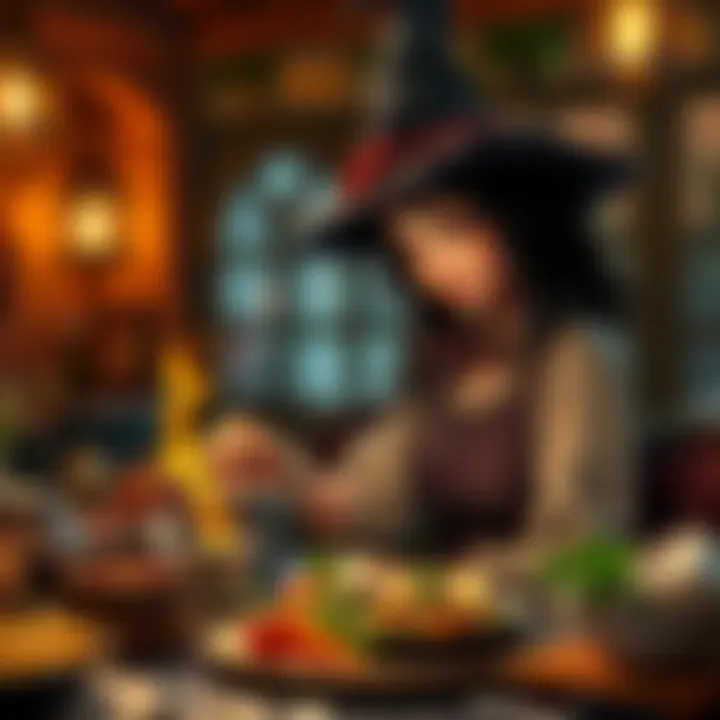 A witch with a pointed hat prepares a meal in her warm restaurant filled with magical ingredients and a storytelling atmosphere.