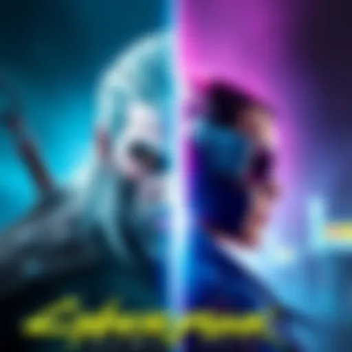 A split image showing characters from Witcher 3 on one side and Cyberpunk 2077 on the other, illustrating the connection between the two games