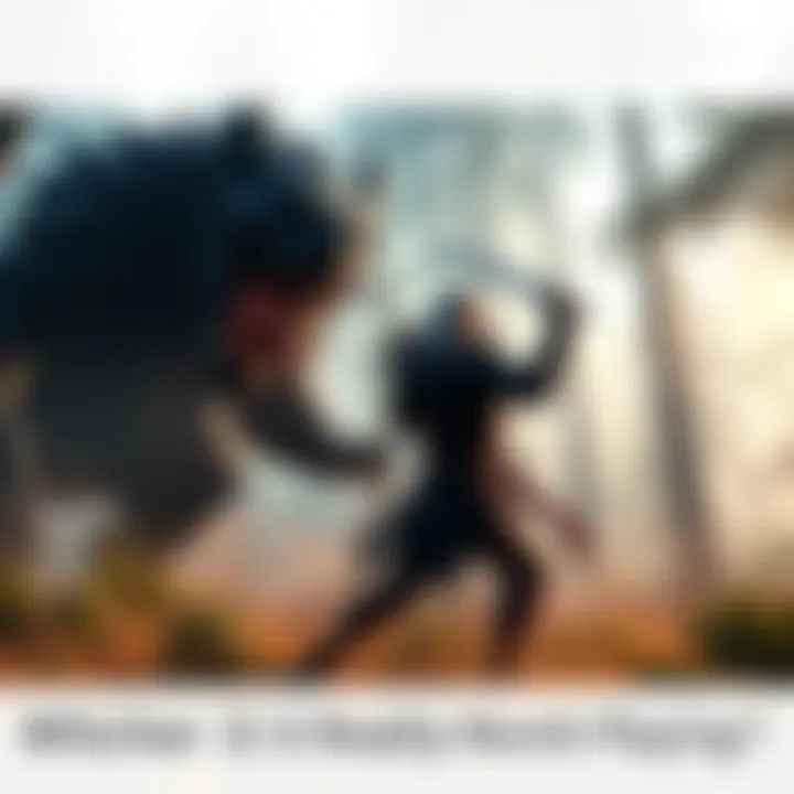 A scene from Witcher 3 showing Geralt fighting a monster in a forest setting.