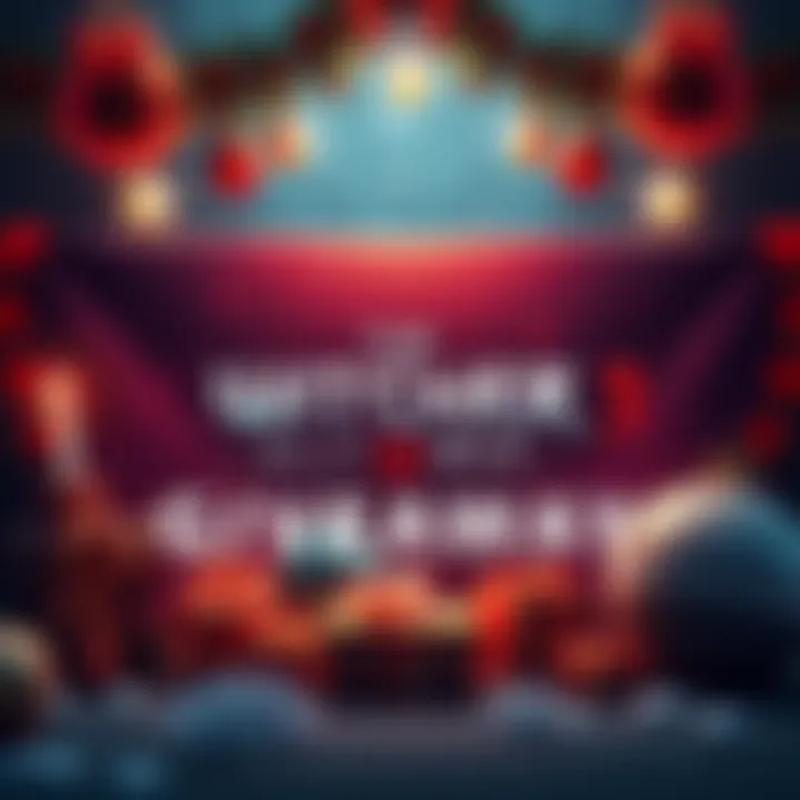 Graphic showing a promotional banner for The Witcher 3 giveaway, featuring gaming elements and festive decorations.