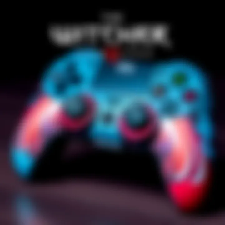 A close-up view of the limited edition controller themed after The Witcher 3, featuring unique designs and colors inspired by the game.