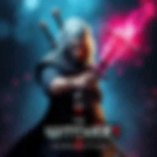 Witcher 3 Remastered showing a character with a sword and magical effects, emphasizing save file transfer feature
