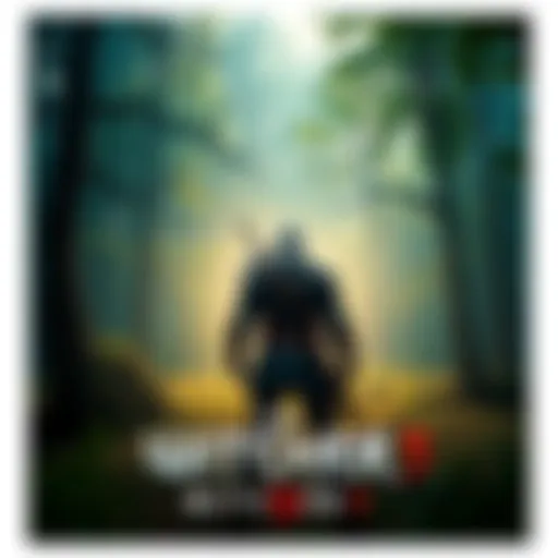 A character from Witcher 3 standing in a lush forest with a sword drawn, ready for battle.