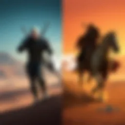 A comparison of The Witcher 3 character in medieval armor with a sword and a Crimson Desert character on a horse in a vast desert landscape.