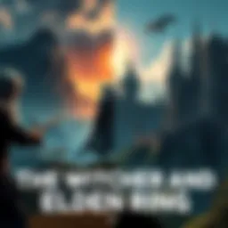 A split view showing scenes from The Witcher 3 on one side with its lush landscapes and characters, and Elden Ring on the other side featuring its dark, open world and towering castles.
