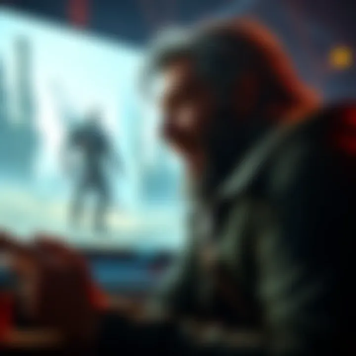 A gamer excitedly discusses Witcher 4 with a glowing screen showing Geralt of Rivia, highlighting the contrast with GTA 6 hype.