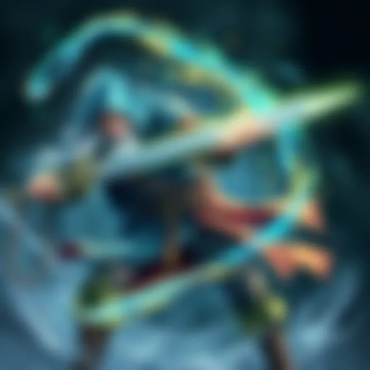 Wizard Blade Singer in Action A wizard blade singer character uses a sword while casting a spell, showcasing a mix of magic and melee combat. The character's robes flow as they prepare for battle, surrounded by swirling magical energy.