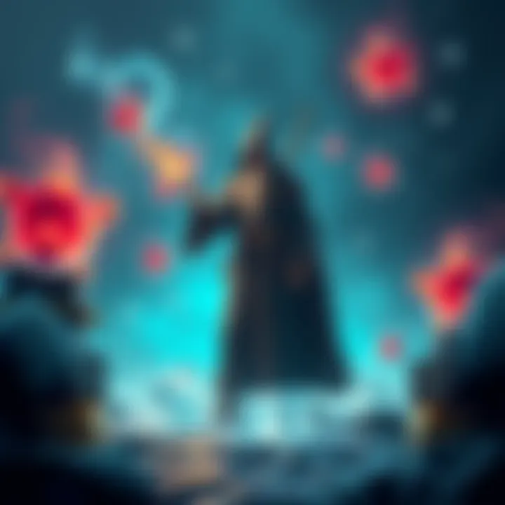 Wizard casting immovable object A wizard in a robe stands with a wand, casting the spell immovable object, surrounded by floating objects that are frozen in place.