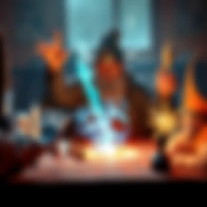 Wizard Casting Counterspell A level 8 wizard confidently casting a Counterspell to thwart a powerful magic attack from a level 9 opponent at the game table, creating an intense atmosphere.