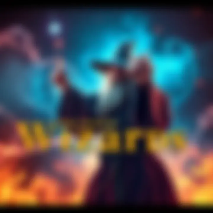 A wizard in a flowing robe casting a spell with a wand, surrounded by magical sparks and swirling colors