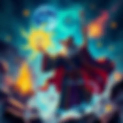 Wizard casting a spell in a magical realm A wizard with a flowing robe holds a staff, casting a spell surrounded by mystical symbols and vibrant colors.