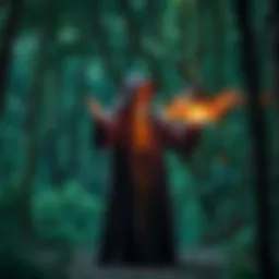 A wizard in a robe stands in a mystical forest, conjuring a colorful spell with glowing energy around his hands.
