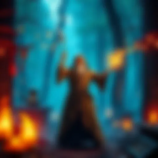 A powerful wizard stands in a mystical forest, surrounded by glowing spells and magical items, casting a spell with a wand.