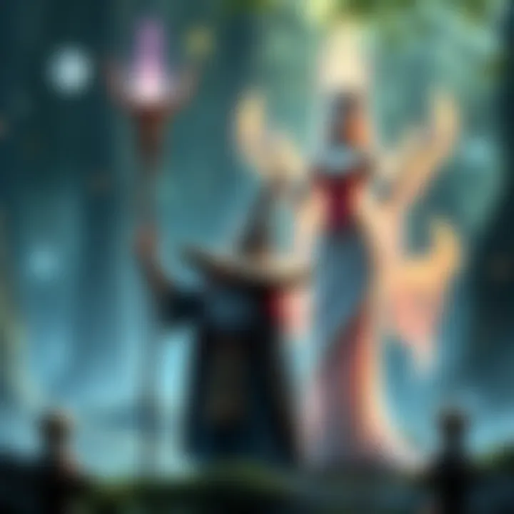 A wizard holding a staff stands next to a shimmering, ethereal assistant with glowing features. They are in a fantasy forest setting, surrounded by magical elements.