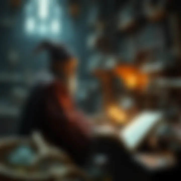 A wizard in robes looks puzzled while searching for a spellbook in a dimly lit room filled with old scrolls and potions.