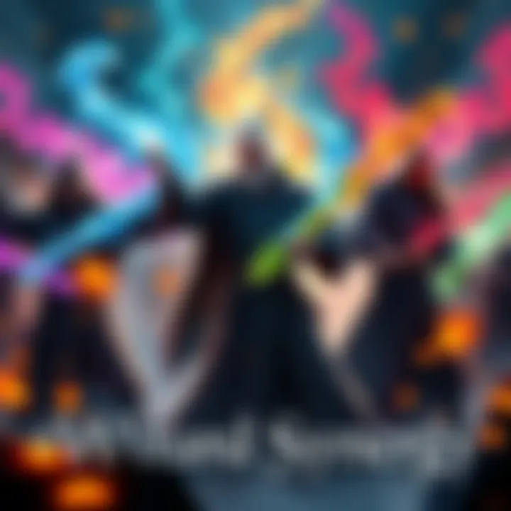 A group of wizards combining their magical powers in a vibrant battle scene, showcasing synergy and teamwork, colorful spells swirling around them