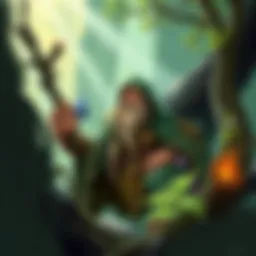 A depiction of the Wizened Wildspeaker card featuring a wise-looking druid surrounded by nature, showcasing a unique ability that influences gameplay.