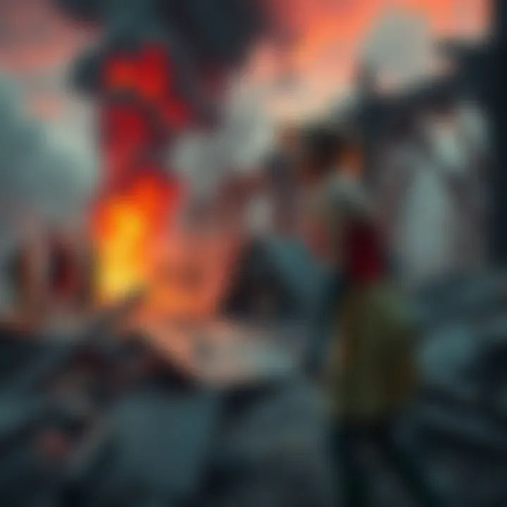 A group of survivors from WLF and Seraphites assess their damaged surroundings, contemplating rebuilding efforts after the war. The scene shows debris and makeshift shelters in a chaotic environment.
