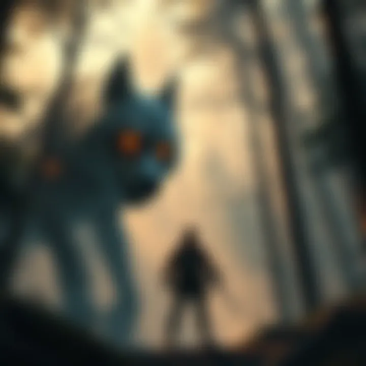 Wolf Boss Encounter Player facing off against a large wolf boss in a forest setting, looking determined and ready for battle.