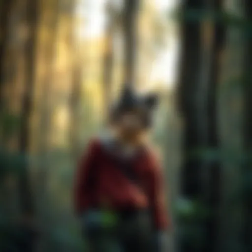 A young boy with wolf-like features standing among trees, looking curious and wild.