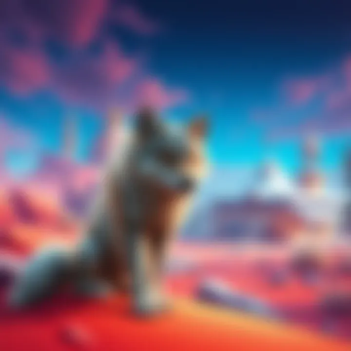 Wolf in Unique Biome A wolf in a vibrant landscape showcasing a desert temple and snowy cafรฉ in the background