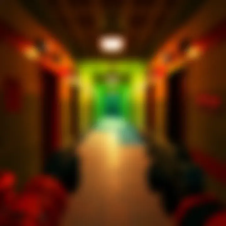 A player navigating through a pixelated corridor in Wolfenstein 3D with guns drawn, showcasing the first-person shooter experience.