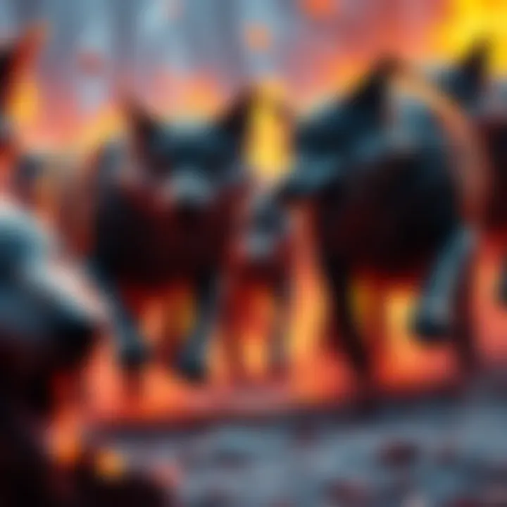 Wolfpacks Attacking a Queen in Game A scene showing 18 wolfpacks charging towards a queen character in a gaming environment, depicting action and strategy