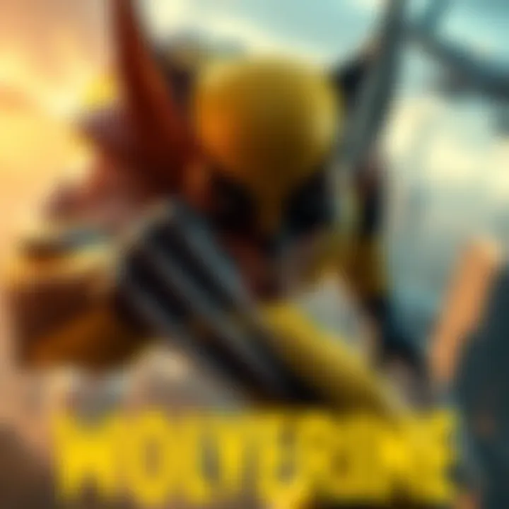 A scene showcasing Wolverine in action, highlighting claws and intense combat, set against a backdrop of a cityscape.
