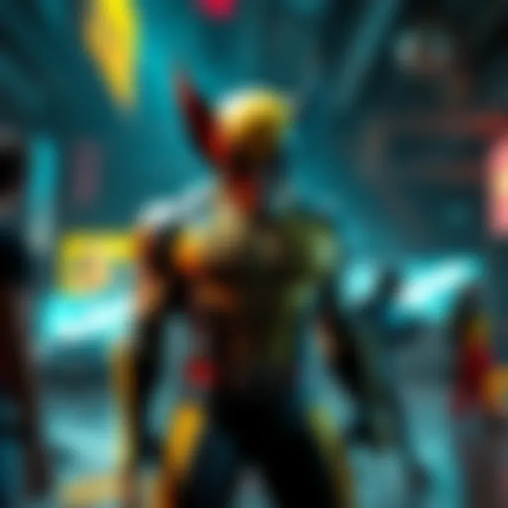 Wolverine in recent game Wolverine character standing in a gaming environment with dramatic lighting and action poses.