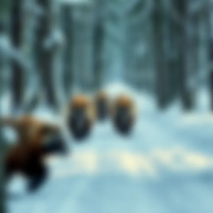 A group of wolverines roaming in a snowy forest, showcasing their natural habitat and behavior.