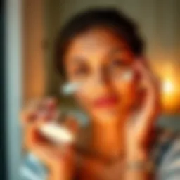 A woman gently applying a skincare product to her face with a serene expression