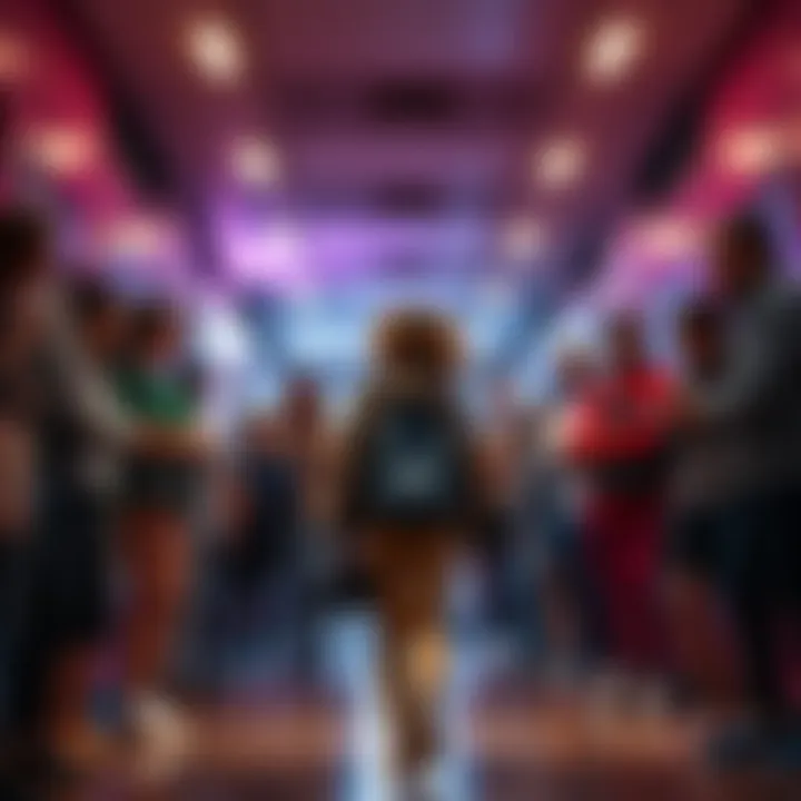 A woman walks towards a group of people looking surprised at her arrival.
