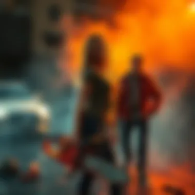 A woman stands holding a chainsaw near a man who has injured his hand, showcasing a chaotic scene.