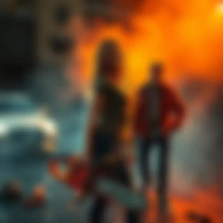 Woman with chainsaw A woman stands holding a chainsaw near a man who has injured his hand, showcasing a chaotic scene.