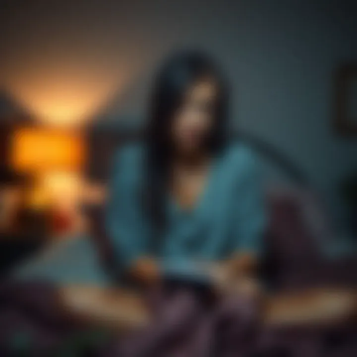 A woman sitting on her bed, looking worried and distressed, reflecting on a dream about infidelity.