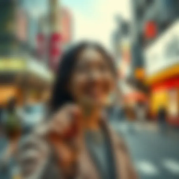 A woman in Shibuya smiles as she holds a shiny coin, celebrating her small victory of finding it.