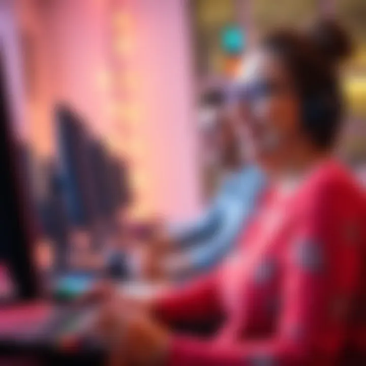 Woman playing video games with friends A 45-year-old woman enjoying a video game with friends online, smiling and having fun